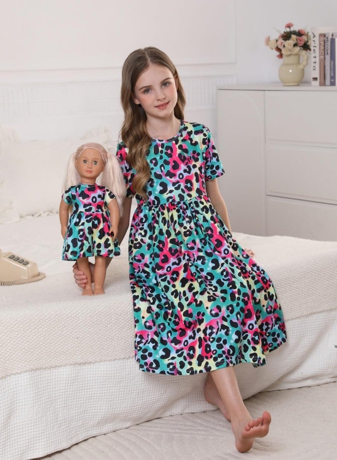 Bow Dream Girls Dress and Matching Doll Clothes Accessories for Girls Short Sleeve Leopard Kids Dress Size 110 - Image 5